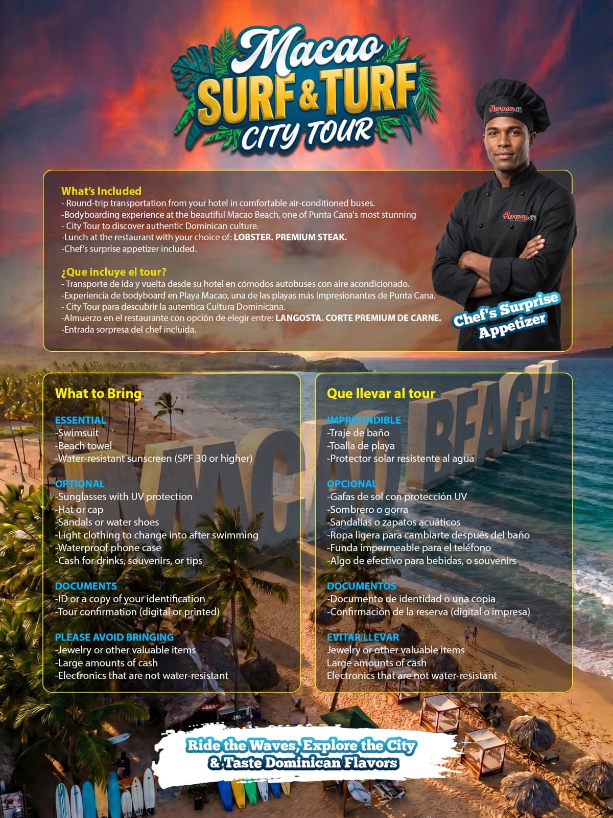 Macao Surf and Turf experience details with hotel pickup note