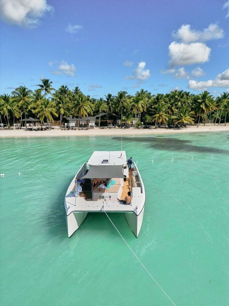 Private Saona Island boat anchored near a palm-lined beach