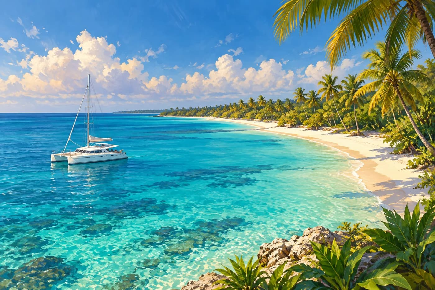Illustration of a catamaran by a palm-lined Caribbean beach. Ilustración de un catamarán junto a una playa caribeña con palmeras.